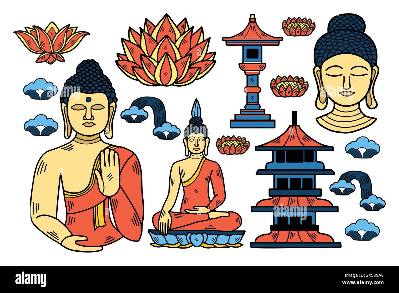 A black and white drawing of a Buddhist monk, a lotus flower, and a pagoda Stock Vector