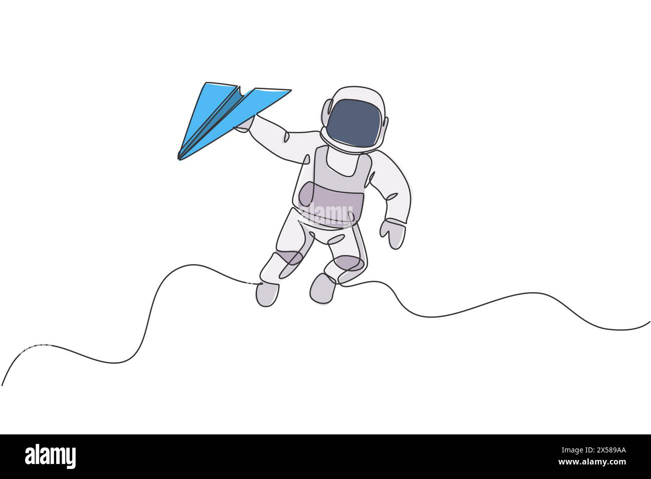 One continuous line drawing of cosmonaut exploring outer space. Astronaut holding paper plane. Fantasy cosmic galaxy discovery concept. Dynamic single Stock Vector
