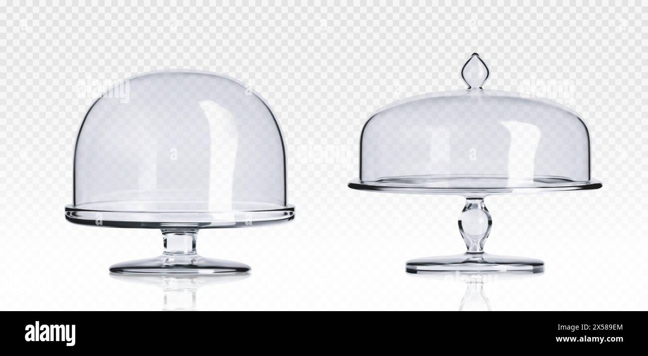 Glass cake stand plate and dome cover. Realistic 3d vector illustration set of plastic transparent tray for sweet dessert food safe display and storage. Empty glassware showcase platter and cloche. Stock Vector