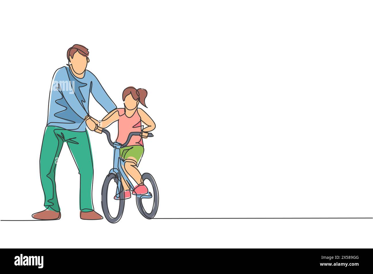 One continuous line drawing of young father help his daughter learning to ride a bicycle at countryside together. Parenthood lesson concept. Dynamic s Stock Vector