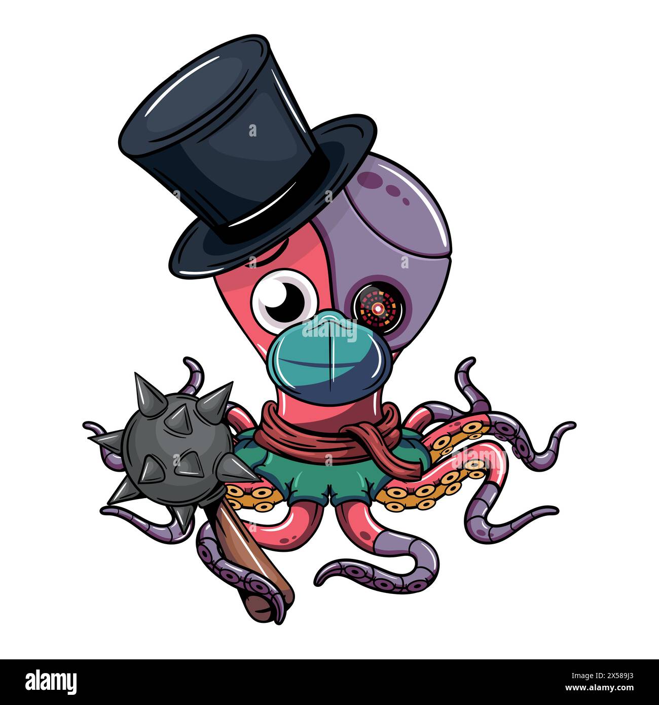 Octopus cartoon comic cyborg with a top hat, a mask and a war mace in his robotic tentacle. Illustration for fantasy, science fiction and adventure co Stock Vector