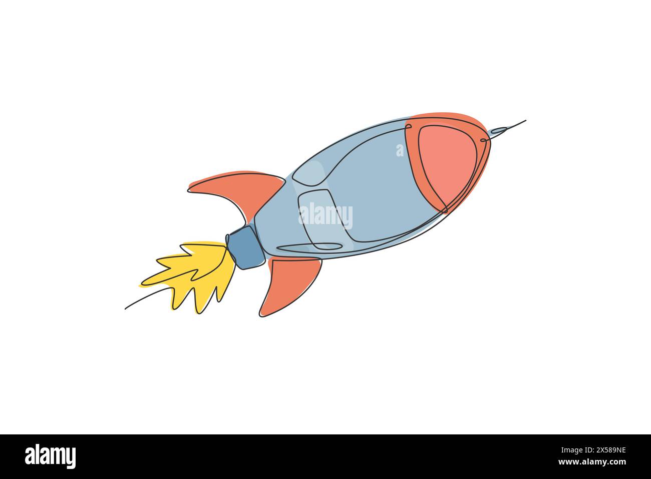 One continuous line drawing of simple retro spacecraft flying up to the ...