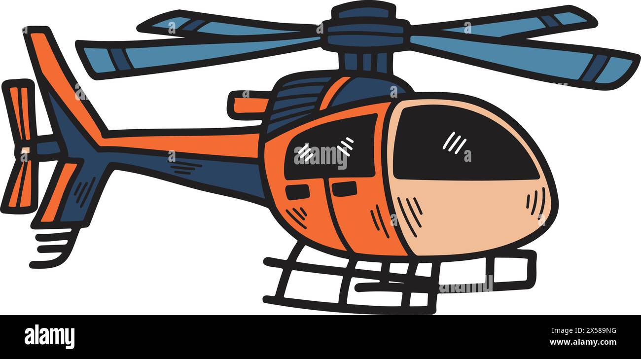 A black and white drawing of a helicopter. The helicopter is drawn in a cartoon style and has a playful, whimsical feel to it. The drawing is simple a Stock Vector