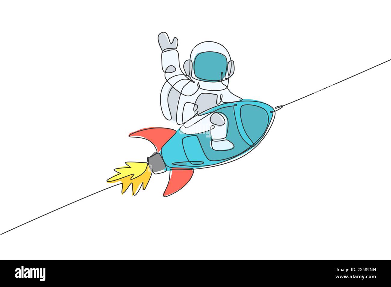 One single line drawing of astronaut in spacesuit floating and discovering deep space while sitting on rocket spaceship illustration. Exploring outer Stock Vector