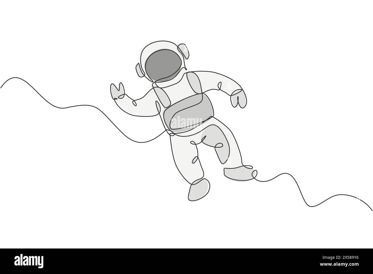 Single continuous line drawing of young cosmonaut scientist discovering spacewalk universe in vintage style. Astronaut cosmic traveler concept. Trendy Stock Vector