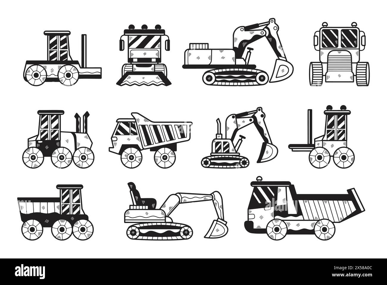 A collection of black and white drawings of construction vehicles. The vehicles include a bulldozer, a dump truck, a crane, and a forklift. The drawin Stock Vector
