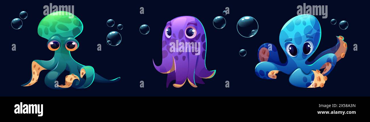 Cute childish octopus cartoon character swimming underwater with bubbles. Cartoon vector illustration set of marine or aquarium adorable friendly animal with tentacles. Funny aquatic creature. Stock Vector