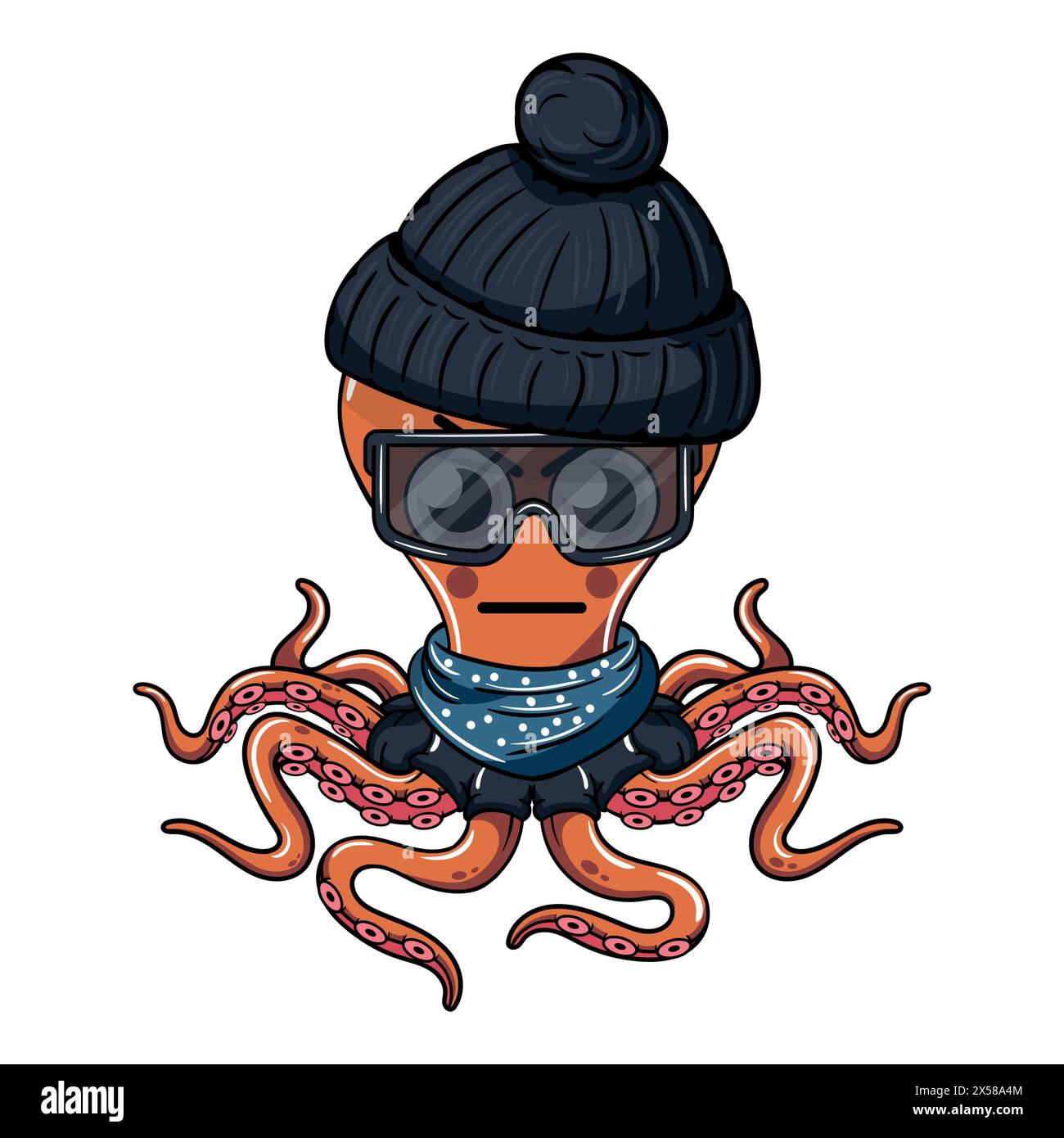 Octopus cartoon comic gangster with a black wool beanie and dark glasses angry. Illustration for fantasy, science fiction and adventure comics Stock Vector