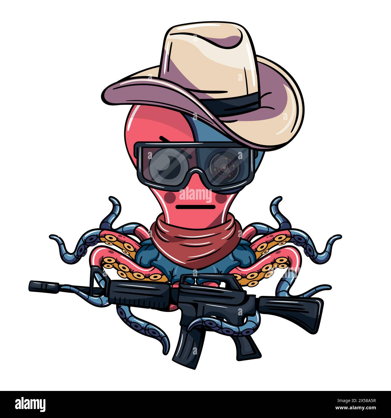 Octopus cartoon comic cyborg with an old west cowboy hat, with glasses and a machine gun in his robotic tentacle. Illustration for fantasy, science fi Stock Vector