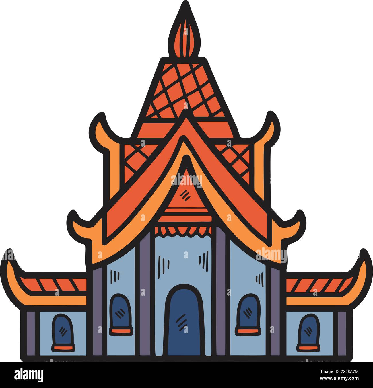 A large building with a lot of detail and a lot of windows. The building is Asian in style Stock Vector