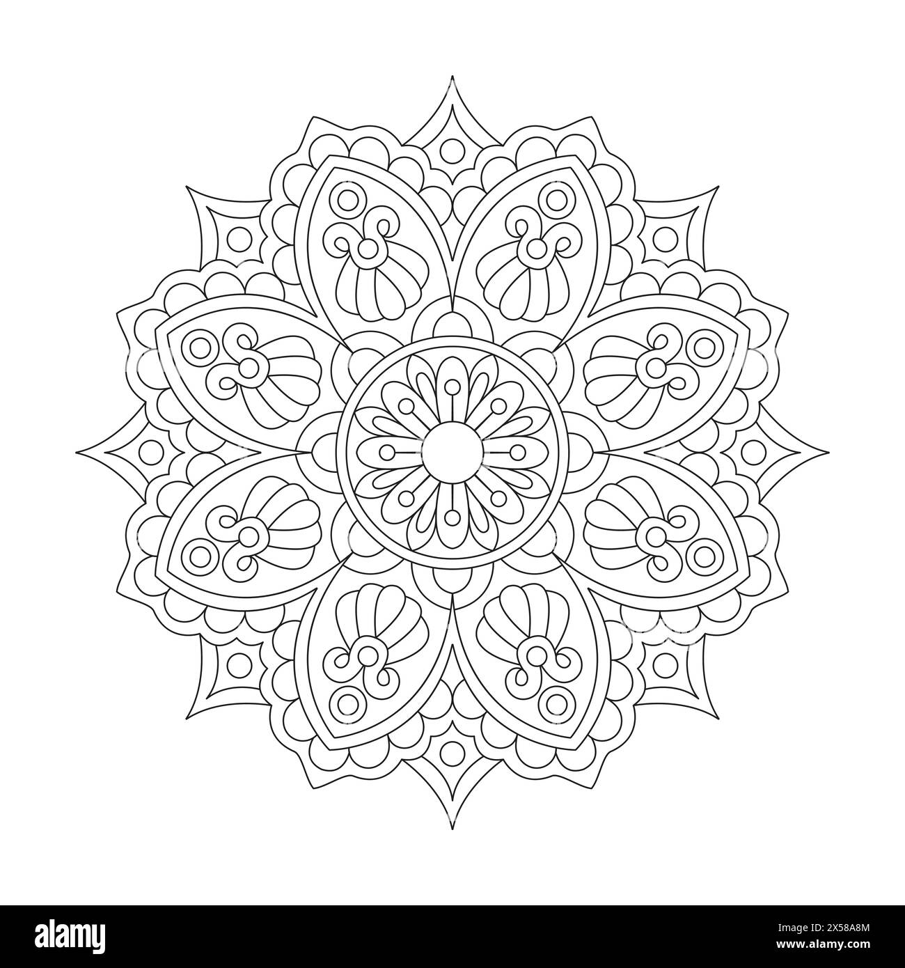 Zen Zenith Mandala Colouring Book Page for KDP Book Interior. Peaceful Petals, Ability to Relax, Brain Experiences, Harmonious Haven, Peaceful Portrait Stock Vector