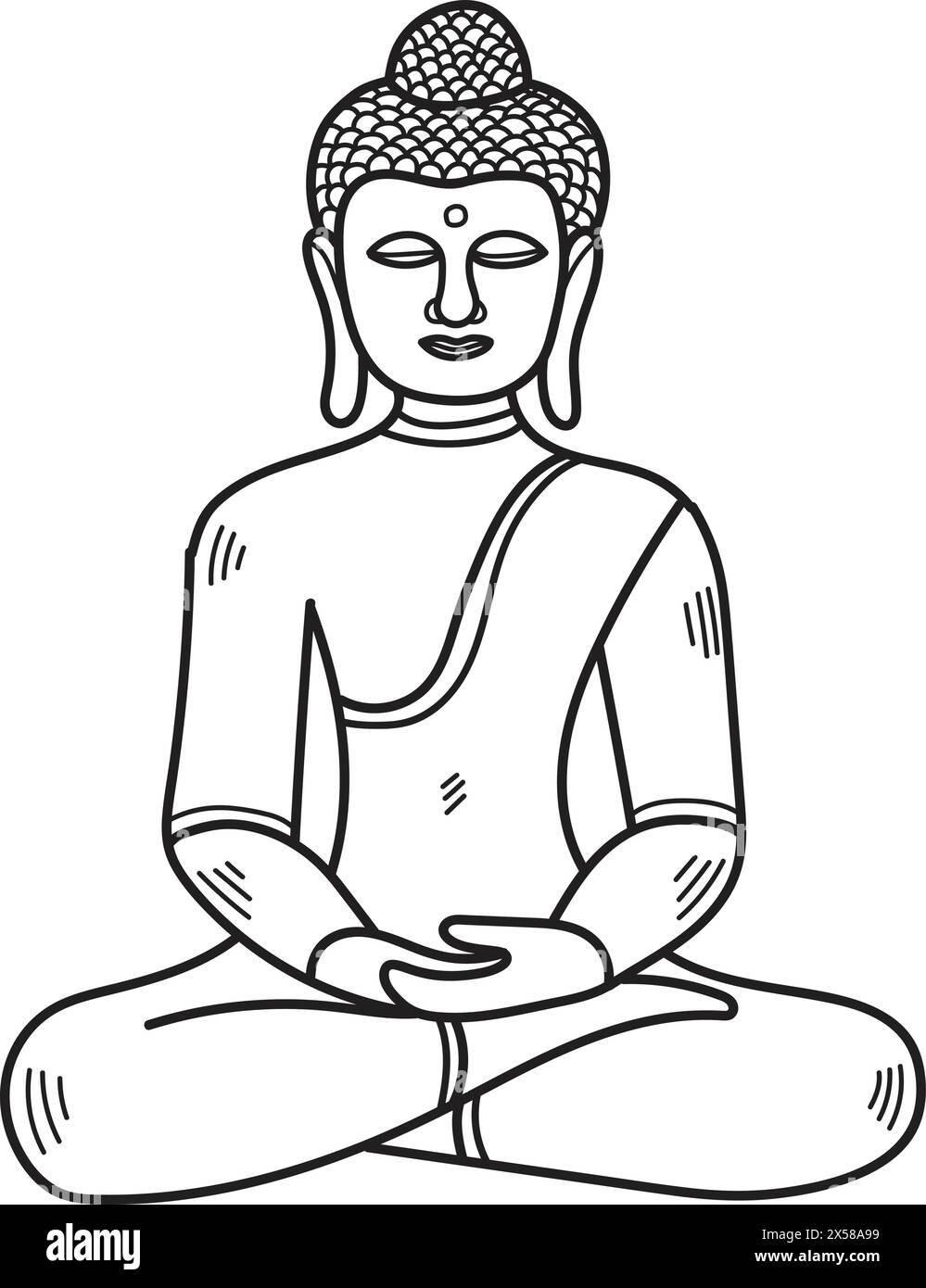A drawing of a Buddha with a serene expression . The drawing is in black and white and is of a Buddhist figure Stock Vector