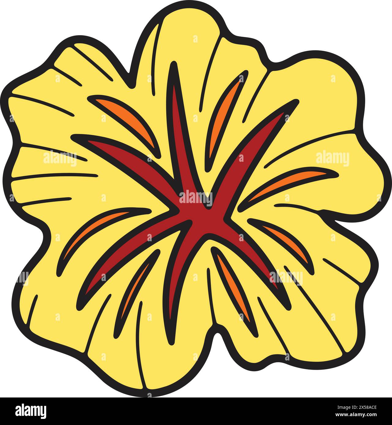 A flower with a black outline and white petals. The flower is drawn in a stylized way, with a lot of detail and a sense of movement. Scene is whimsica Stock Vector