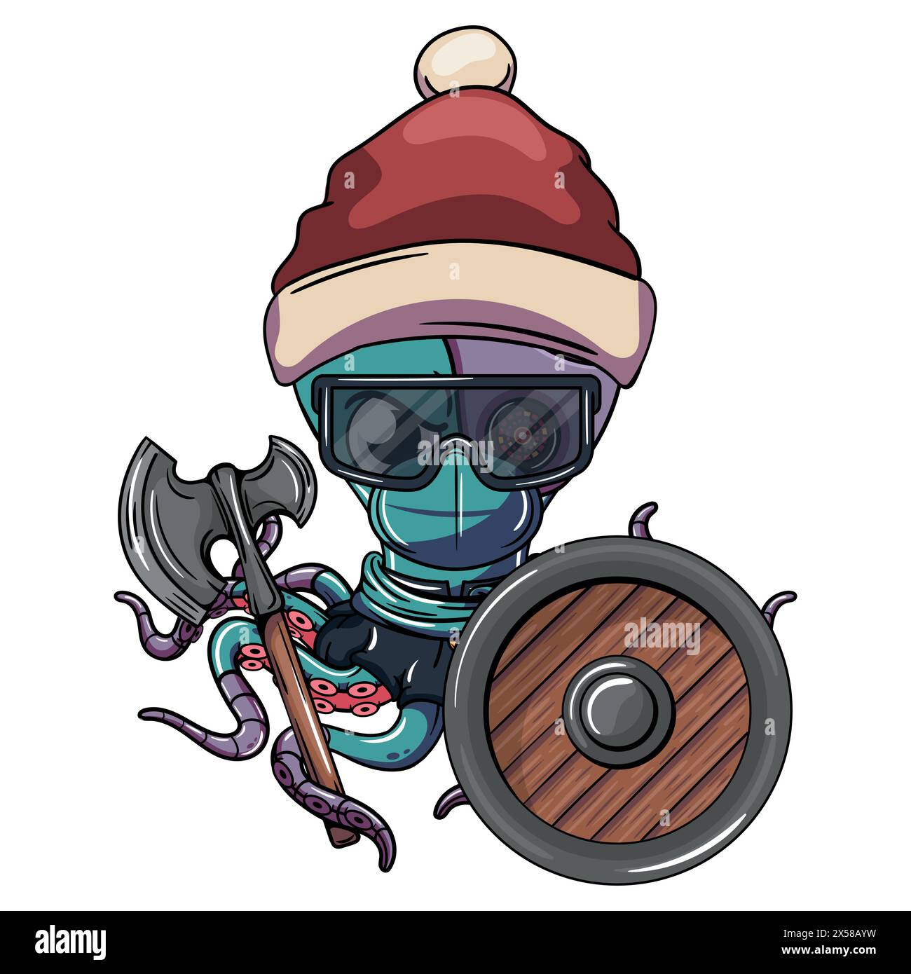 Angry comic cartoon cyborg octopus at Christmas with Santa Claus hat, glasses, mask with a war ax and shield on his robotic tentacle. Illustration for Stock Vector