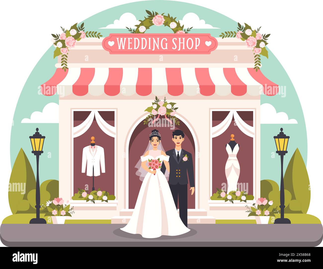 Wedding Shop Vector Illustration with Lover Looking for Jewellery, Beautiful Bride Gowns and Accessories to Get Married in Flat Cartoon Background Stock Vector