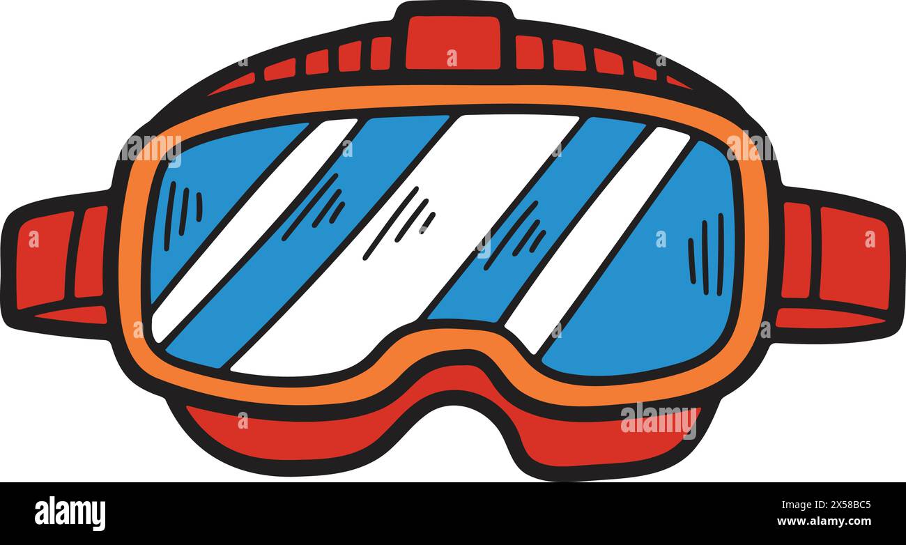 A pair of goggles with a black frame. The goggles are drawn in a cartoon style. The goggles are meant to be worn for swimming or diving Stock Vector