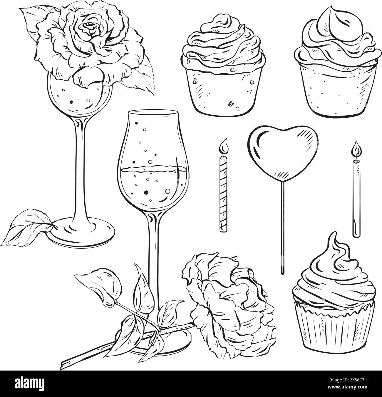 a set of hand drawn illustrations of wine glasses , cupcakes , candles and roses Stock Vector