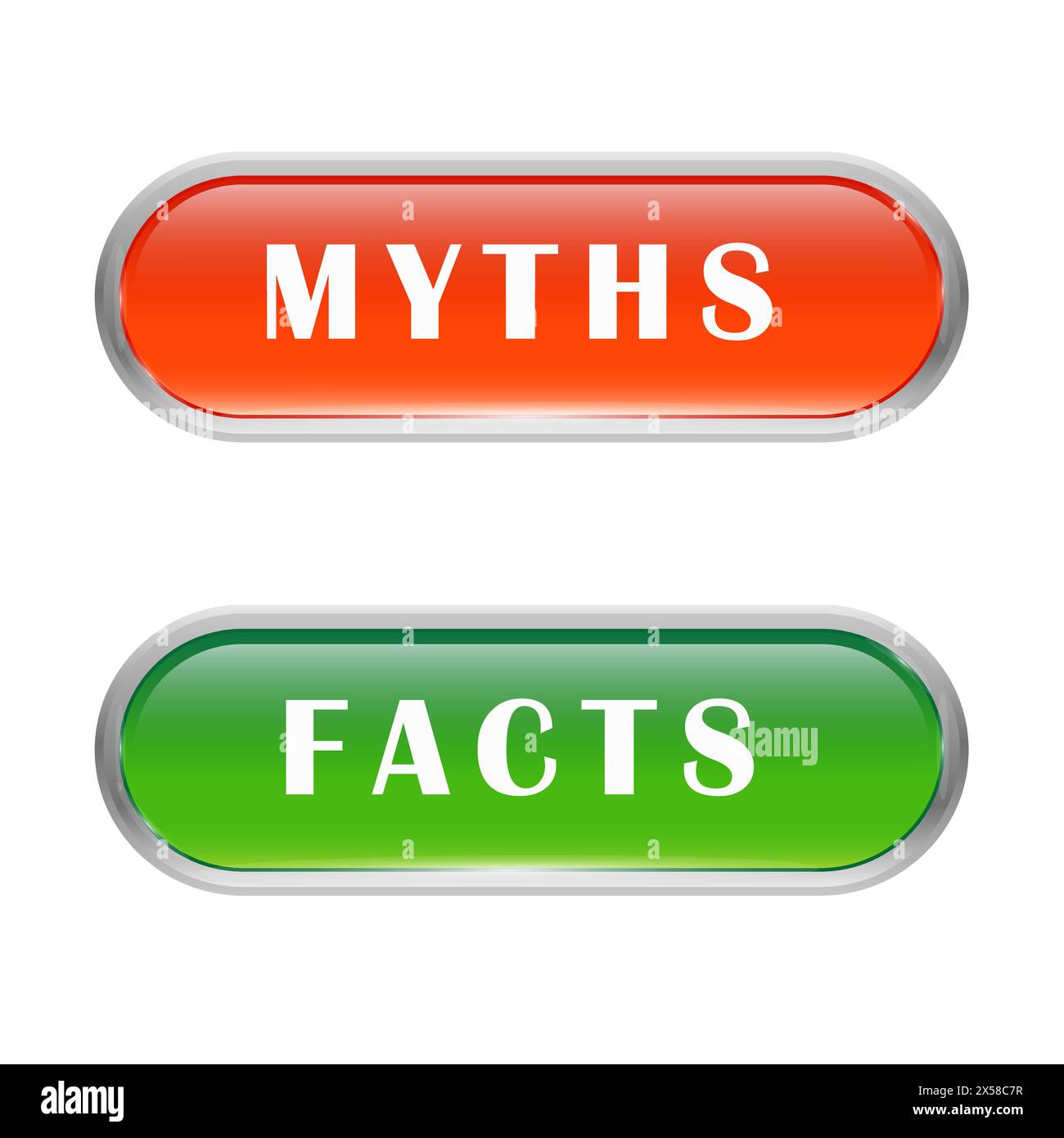 Myth and fact green or red realistic 3D buttons. Vector illustration solated on white background. Stock Vector