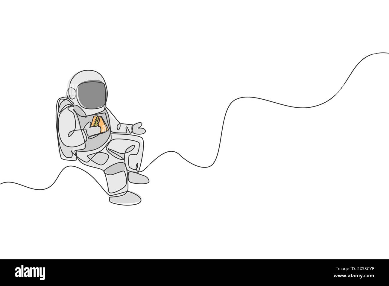 Single continuous line drawing of spaceman relaxing and eating ...
