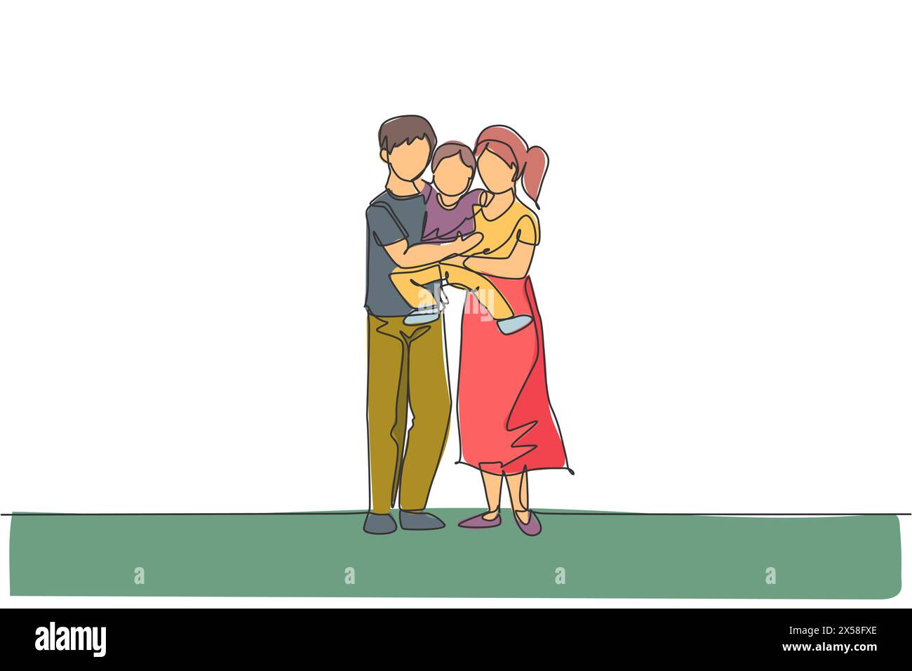 One continuous line drawing young happy mother and father carrying their son together full of warmth. Happy loving parenting family concept. Dynamic s Stock Vector