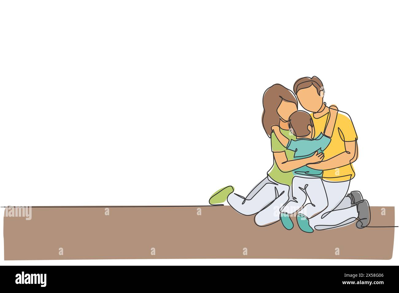 Single continuous line drawing of young happy mother and father hugging their lovely son together full of warmth. Happy family concept. Trendy one lin Stock Vector