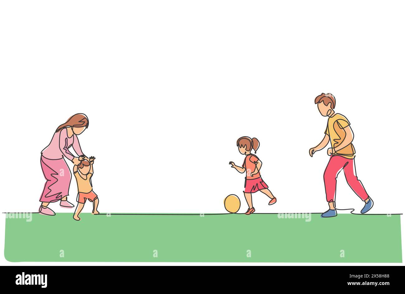 One single line drawing of young father playing soccer with daughter while mother teaching son to walk at field vector illustration. Happy family pare Stock Vector