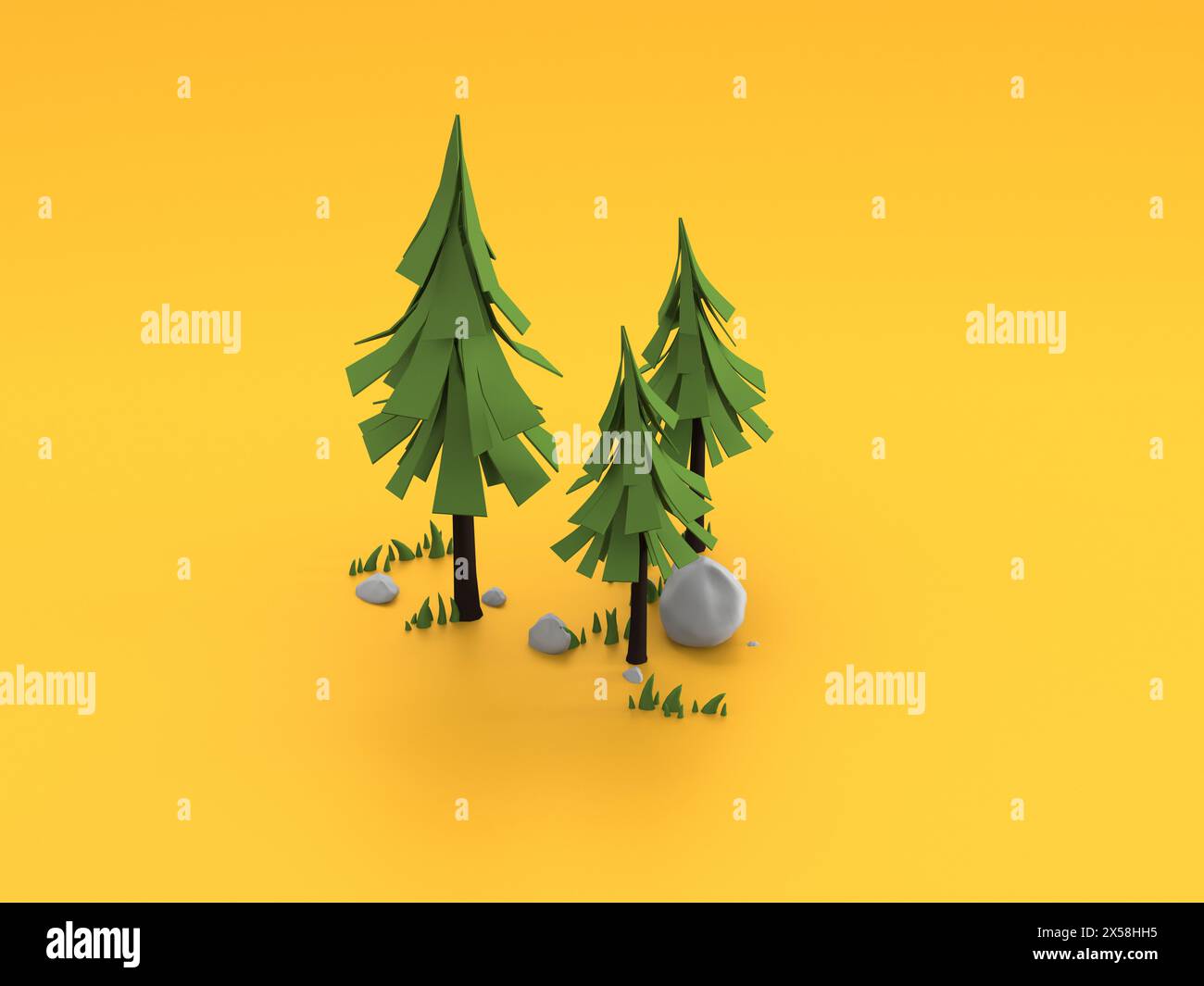 Cartoon pine trees on orange background Stock Photo