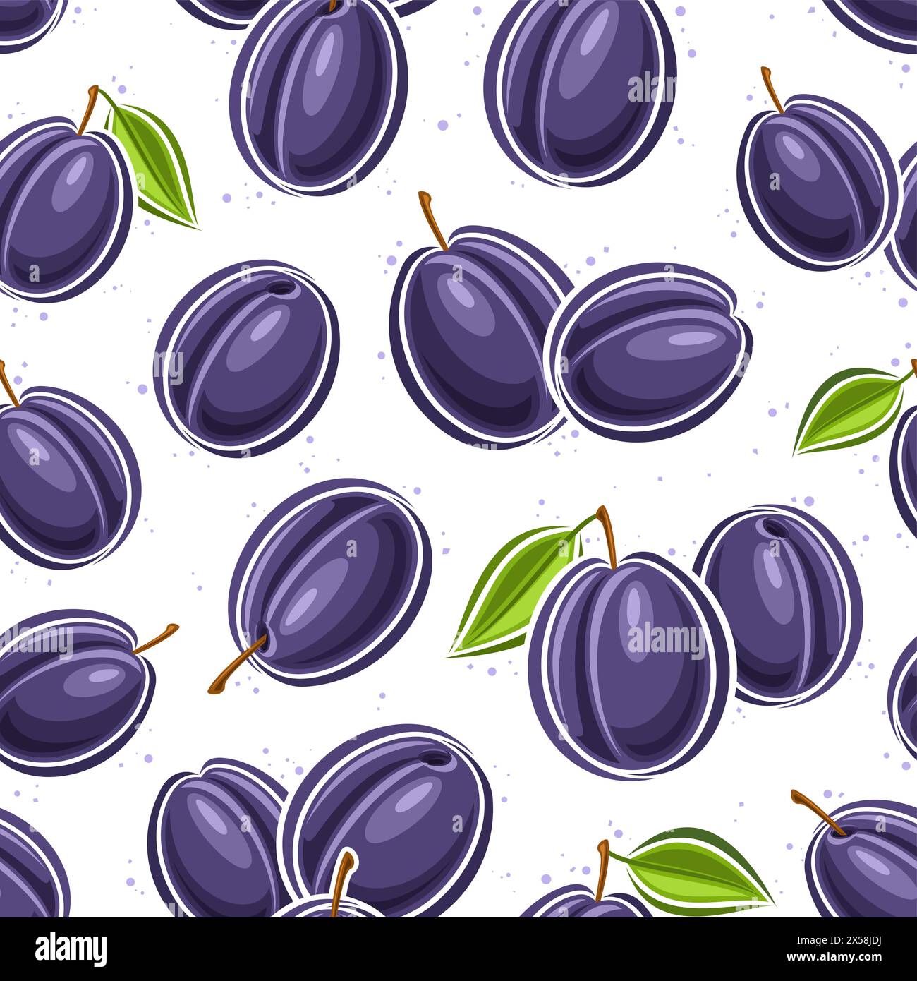 Vector Plum Seamless Pattern, decorative background with flying cartoon plums for wrapping paper, square placard with flat lay outline plum fruits wit Stock Vector