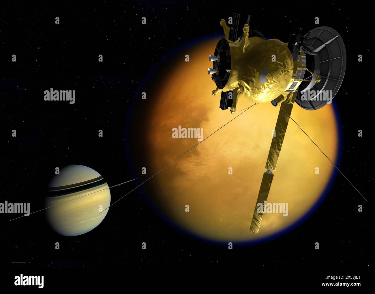 Illustration of the Cassini-Huygens spacecraft with Saturn and Titan ...
