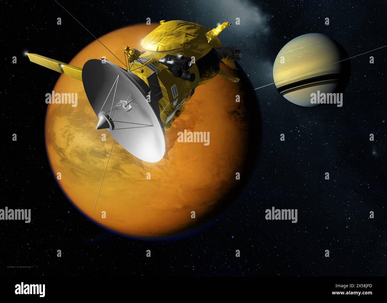 Illustration of the Cassini-Huygens spacecraft with Saturn and Titan ...