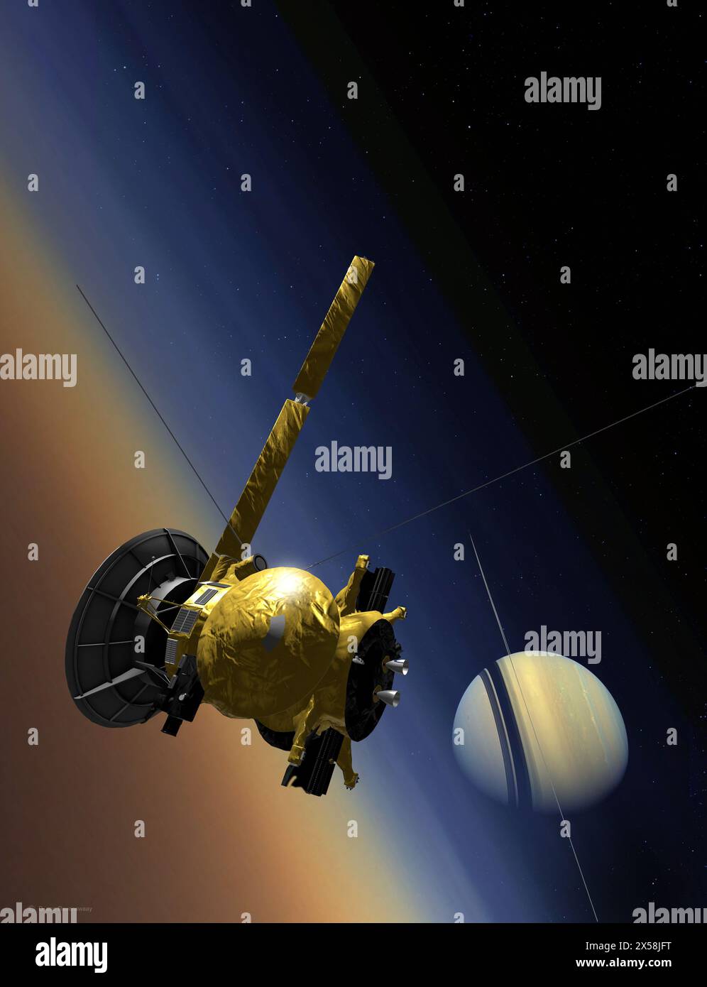 Illustration of the Cassini-Huygens spacecraft near Saturn and Titan ...