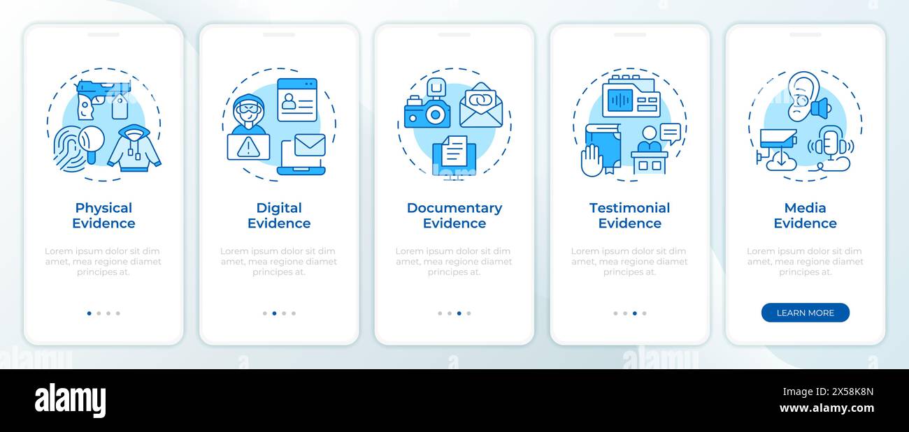 Evidence management blue onboarding mobile app screen Stock Vector