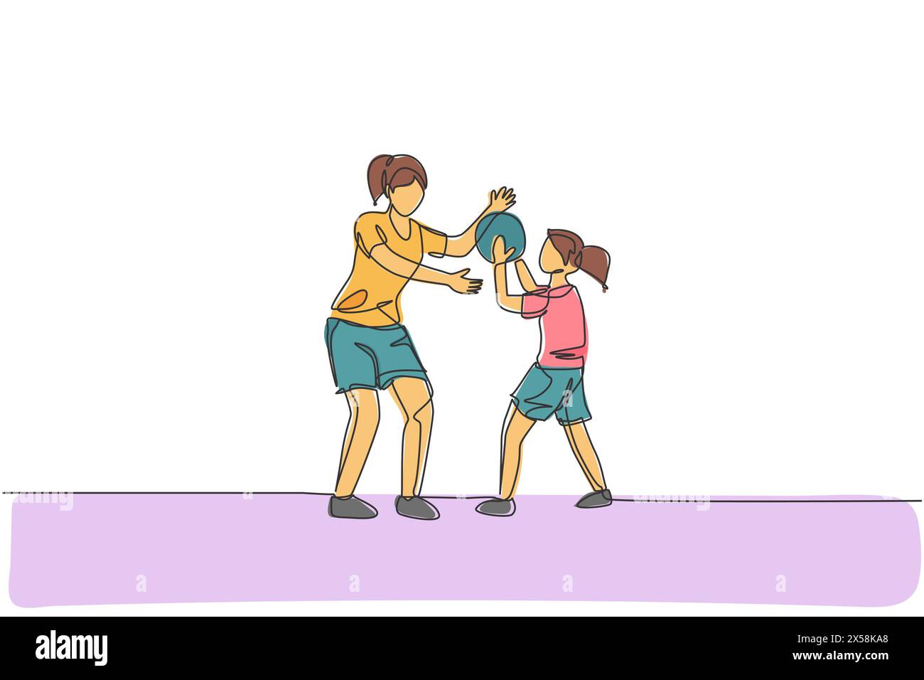 One single line drawing of young mother playing basketball fun with her daughter at home field vector illustration. Happy parenting learning concept. Stock Vector