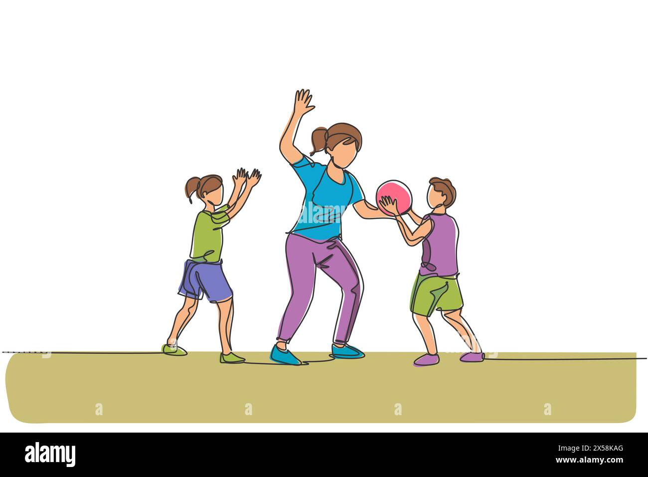 Single continuous line drawing of young mother playing basketball fun with her son and daughter at home field. Happy family parenthood concept. Trendy Stock Vector