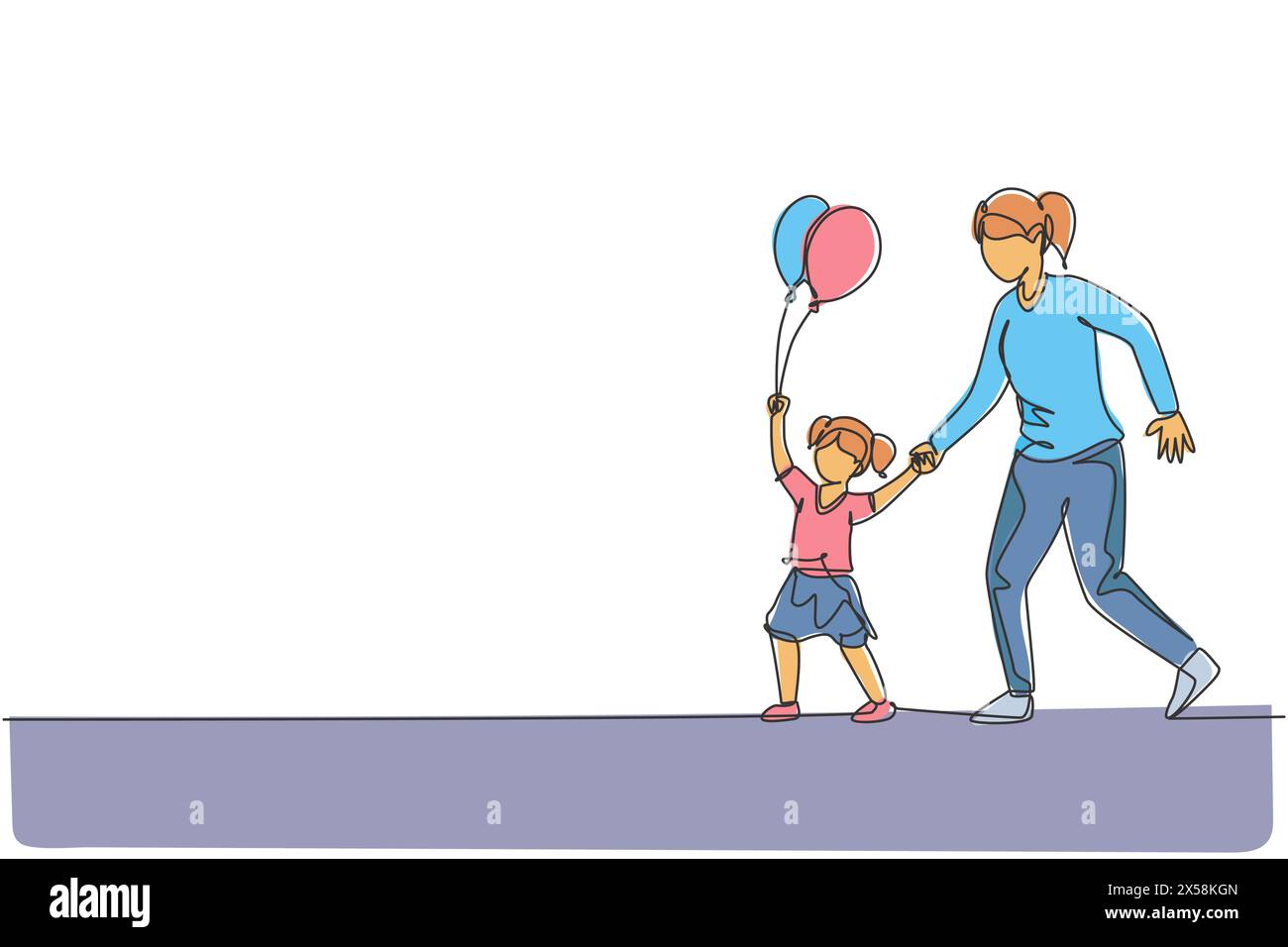 Single continuous line drawing of young mother and her daughter go to night carnival festival while the kid holding balloon. Happy family parenthood c Stock Vector