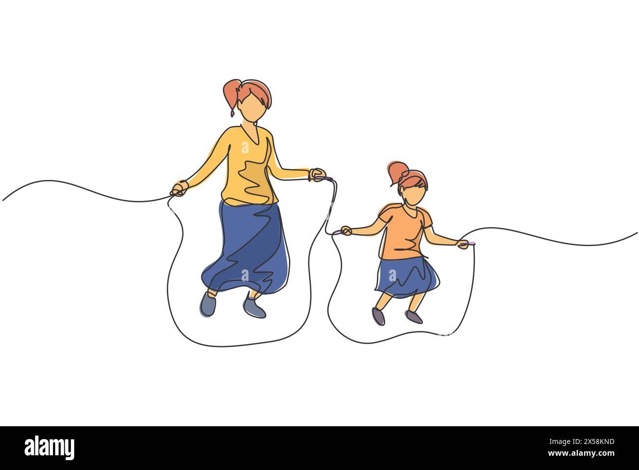 One continuous line drawing of young mom and her daughter exercise jumping with skipping rope at park near home. Happy family parenting concept. Dynam Stock Vector