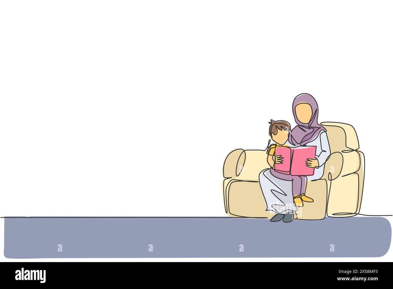 Continuous one line drawing of young Arabian mother reading a story book to her son on sofa. Happy Islamic muslim parenting family concept. Dynamic si Stock Vector