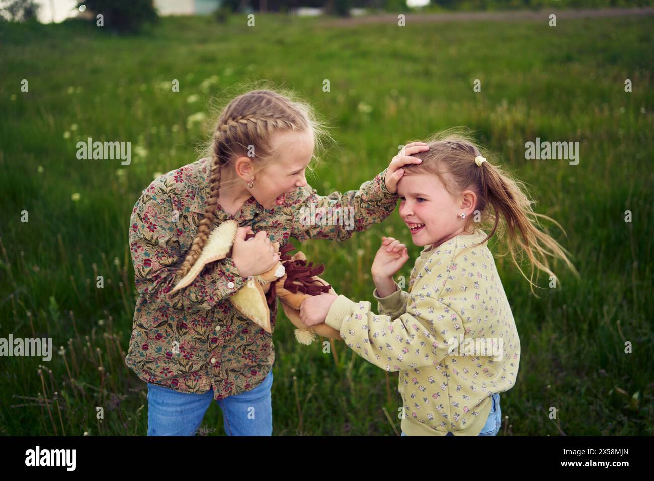 two sisters fight over a toy bunny Stock Photo