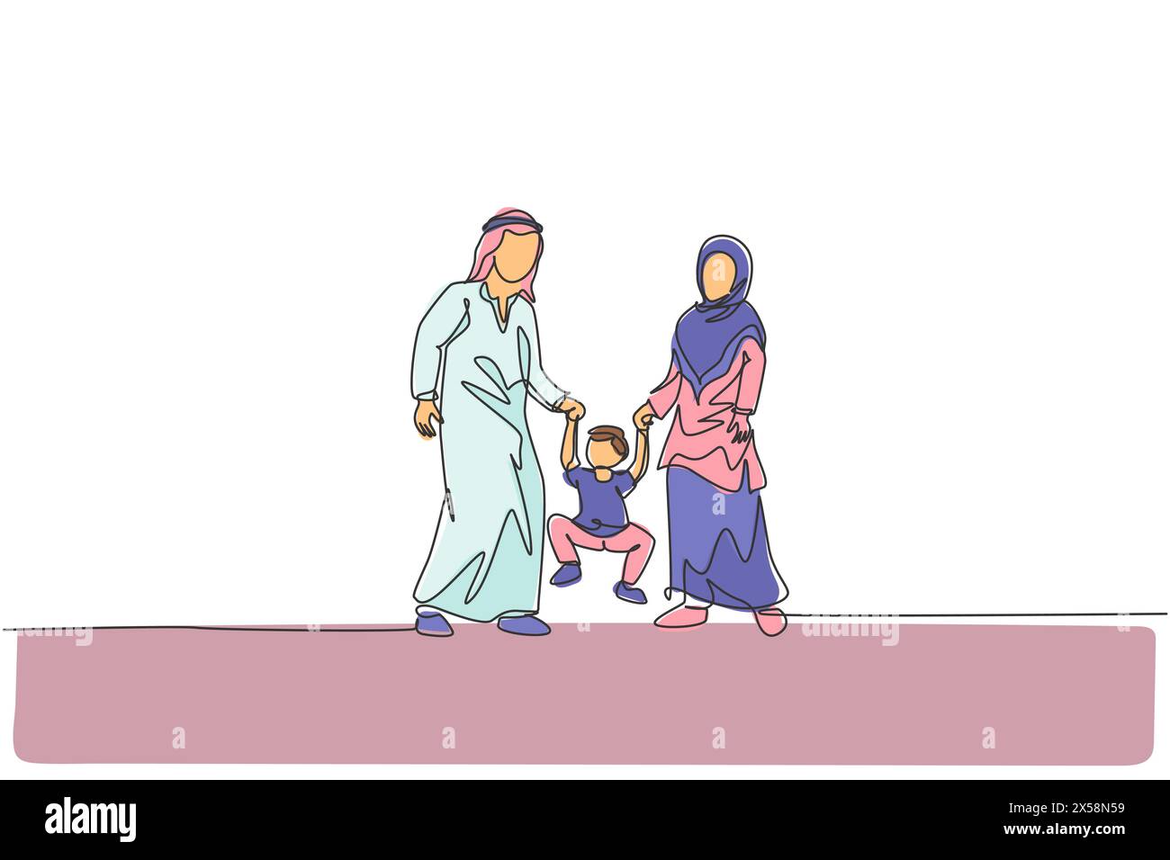 One single line drawing of young Islamic mother and daughter playing and lifting their son's hand together vector illustration. Happy Arabian family p Stock Vector