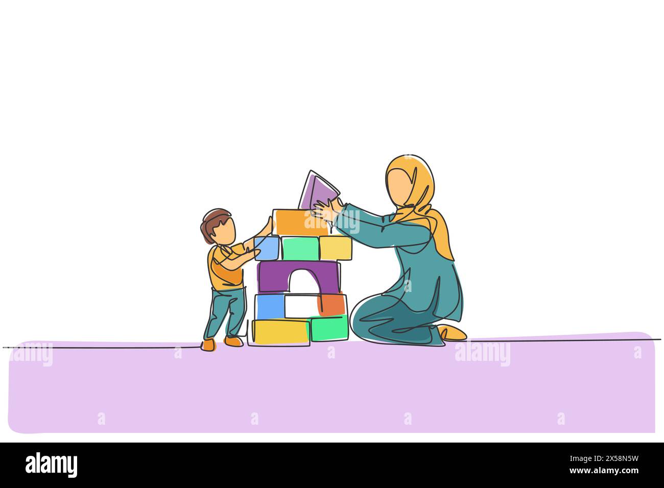 One continuous line drawing of young Arabian mother playing block foam puzzle brick with son. Happy Islamic muslim loving parenting family concept. Dy Stock Vector