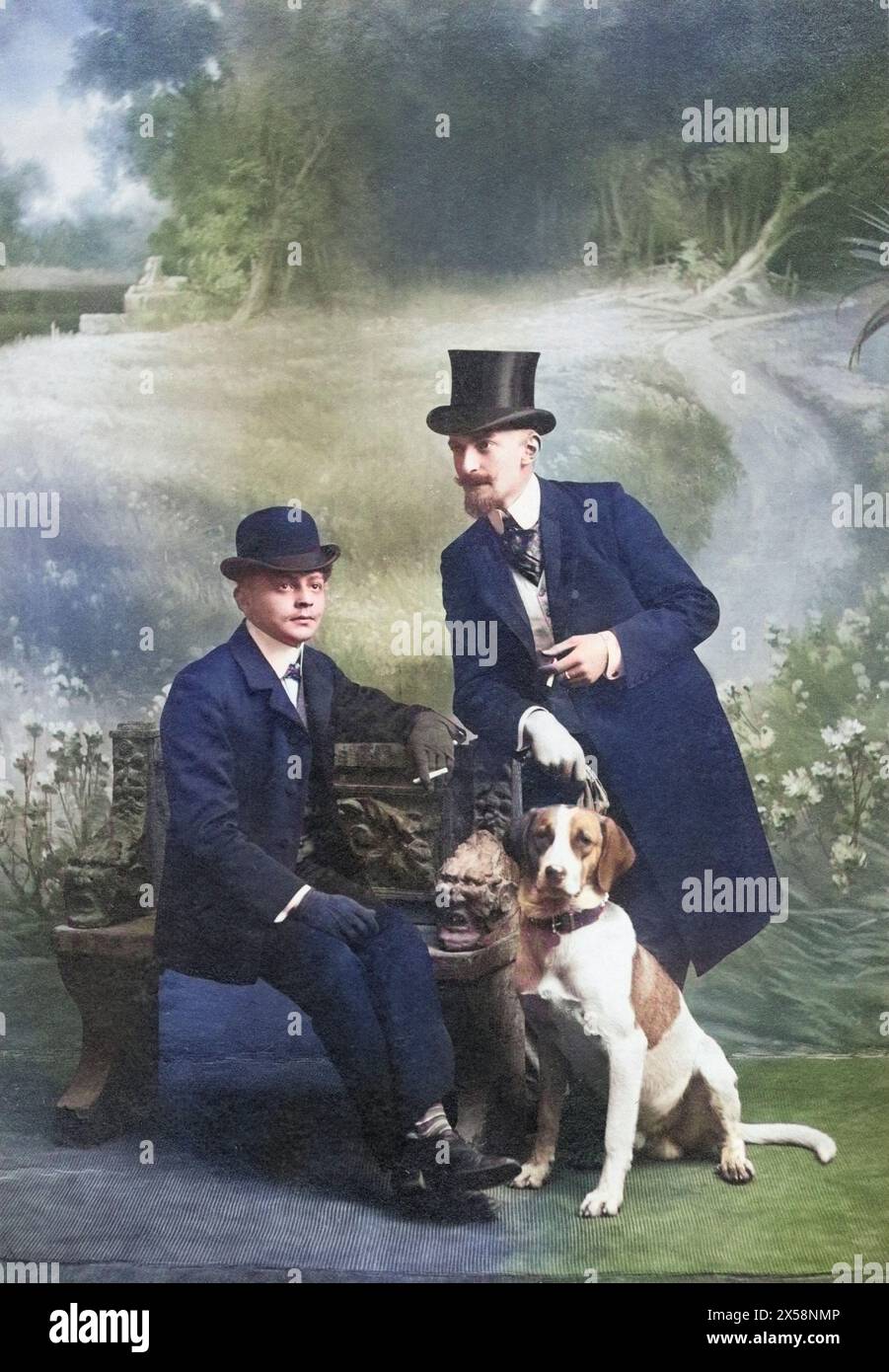 people, men, portrait / half length 1900s, two men with dog, Villach, 1905, ADDITIONAL-RIGHTS-CLEARANCE-INFO-NOT-AVAILABLE Stock Photo