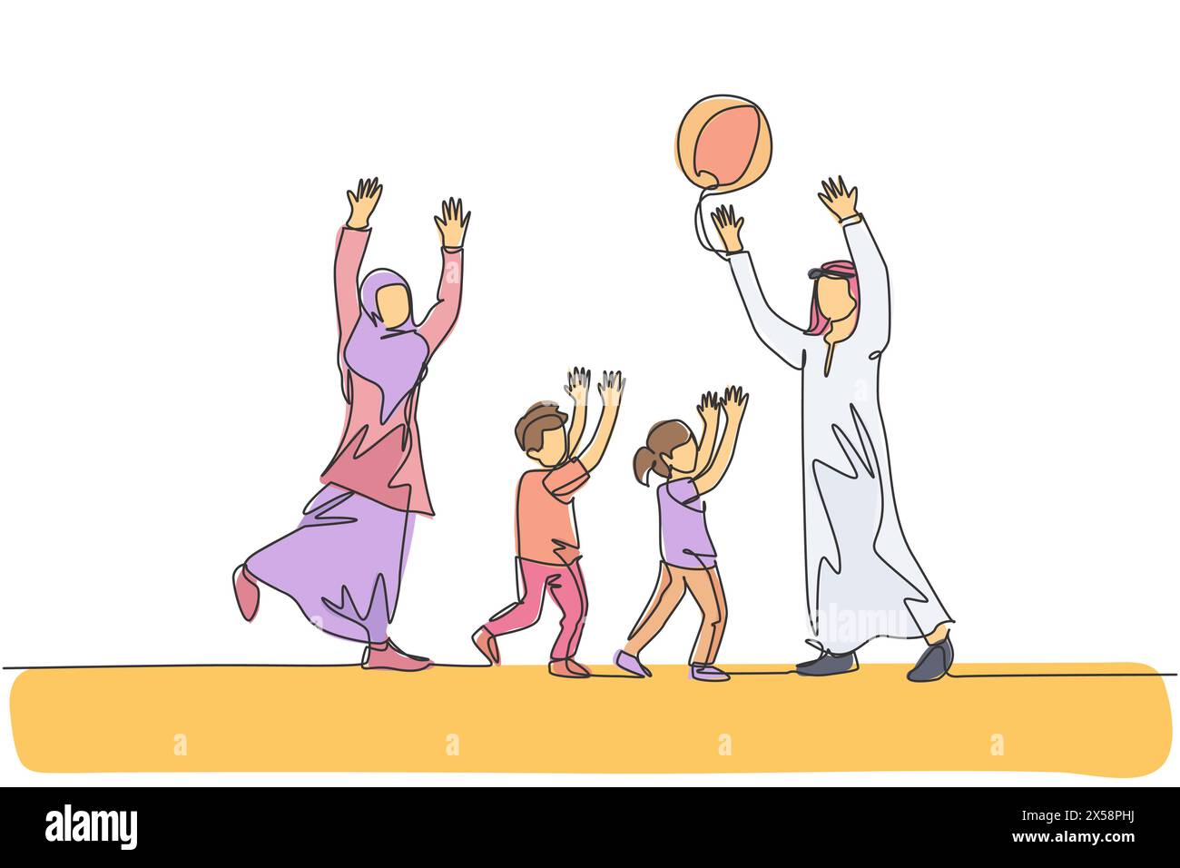 One continuous line drawing of young Arabian couple playing throwing ball together with daughter and son. Happy Islamic muslim parenting family concep Stock Vector