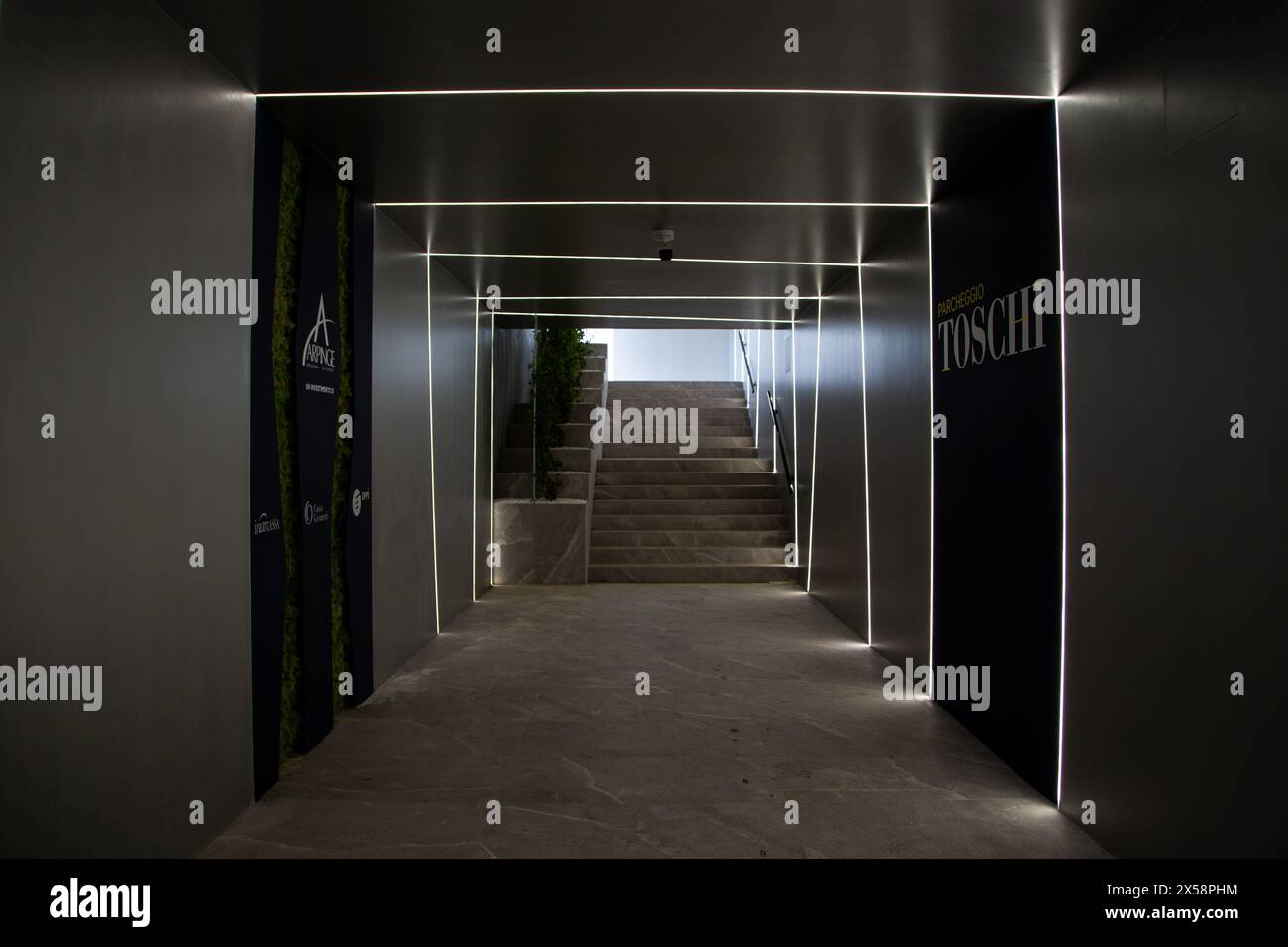 Urban landscape captures underground parking exit, pedestrian-friendly city feature Stock Photo