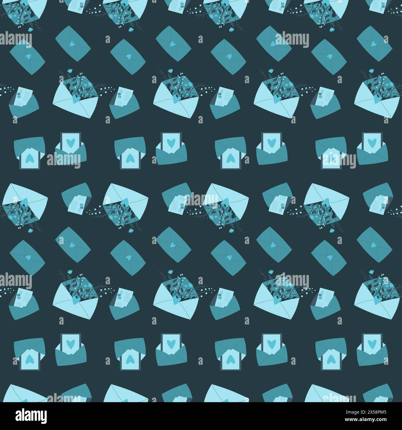 Envelope with flowers and heart shapes seamless pattern. Message ...