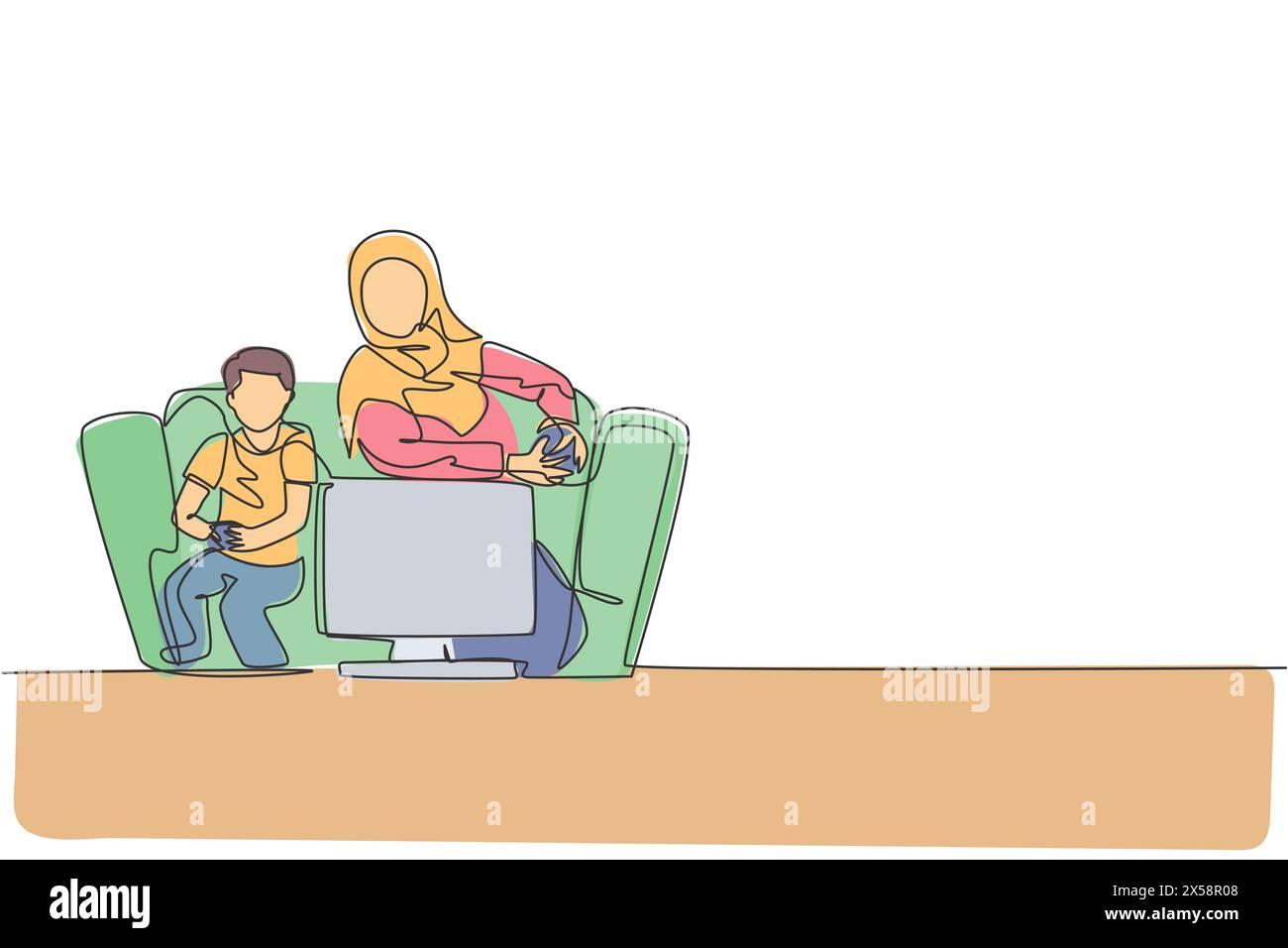 One continuous line drawing of young Islamic mother play console game with her son together at home. Happy Arabian muslim parenting family concept. Dy Stock Vector