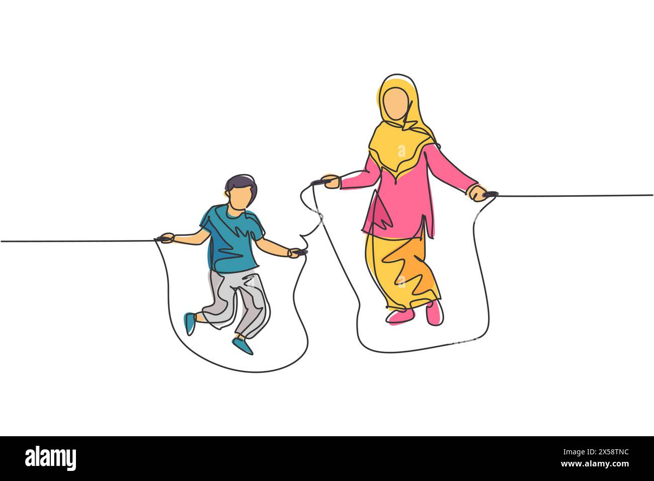 Single continuous line drawing of young Islamic mother and her son playing jumping rope and skipping. Arabian muslim happy family motherhood concept. Stock Vector