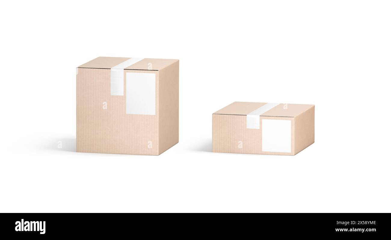 Blank white shipping label on craft box mockup, front view, 3d ...