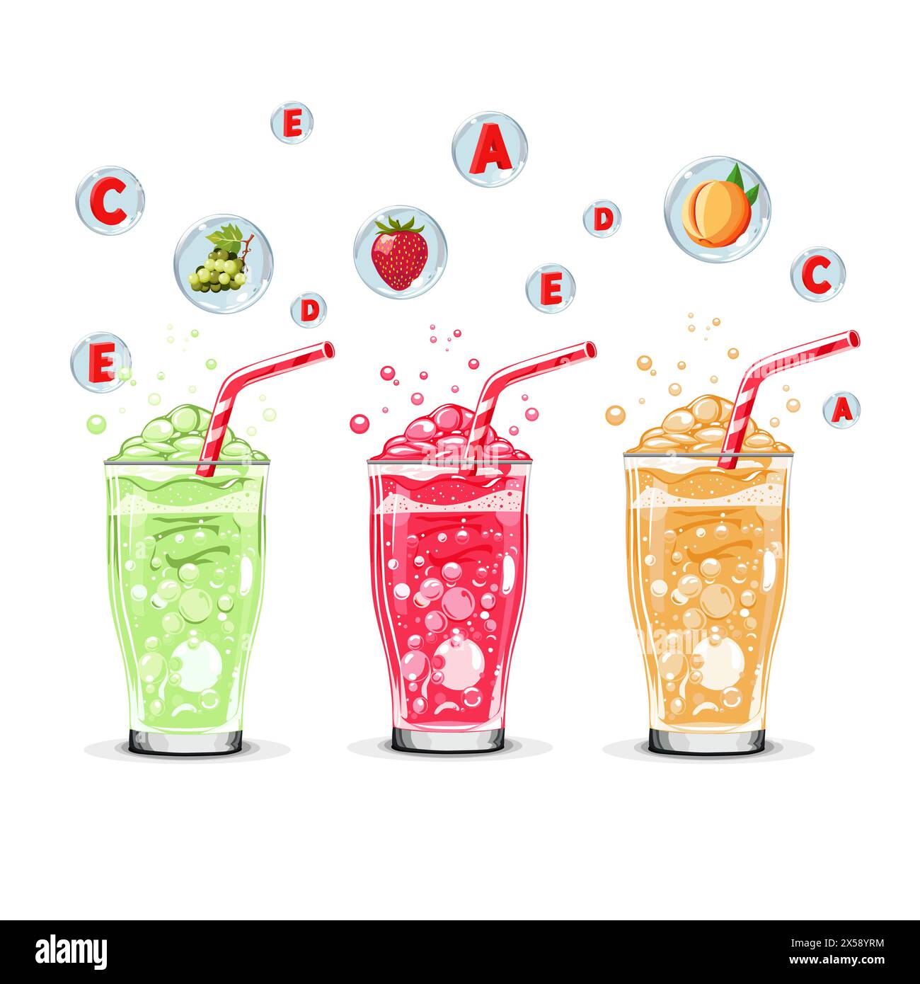 Healthy green, orange and red oxygen cocktails with fruit in air ...