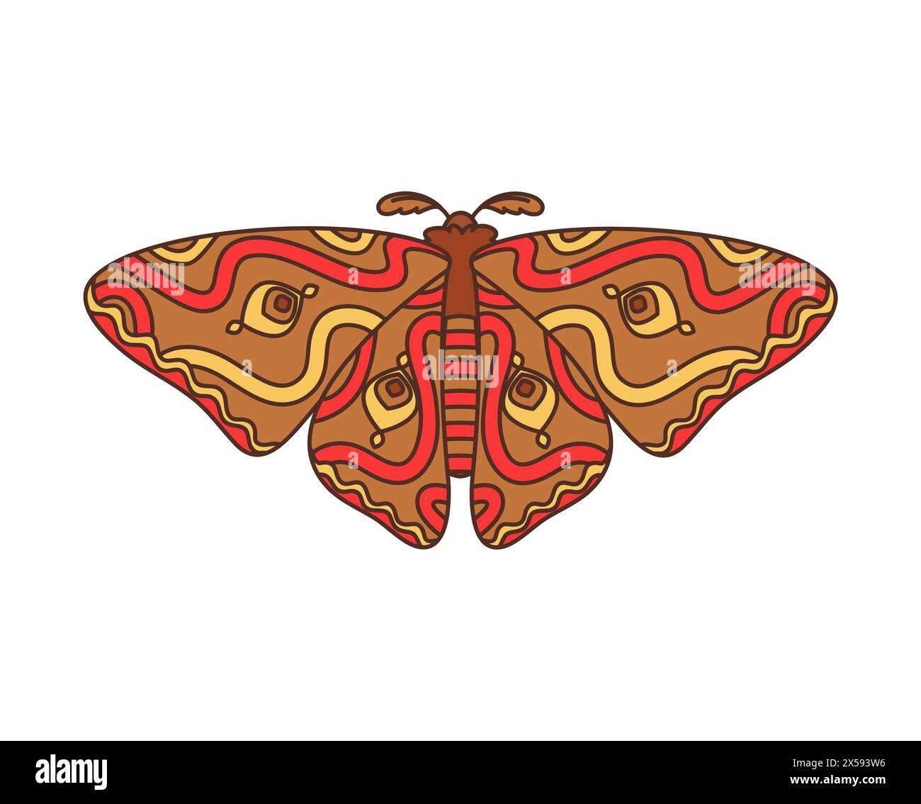 Giant emperor moth retro groovy butterfly. Isolated vector Saturnia pyri butterfly insect with eye pattern on wings and fluffy antennas, symbolizes transformation, beauty, metamorphosis in nature Stock Vector