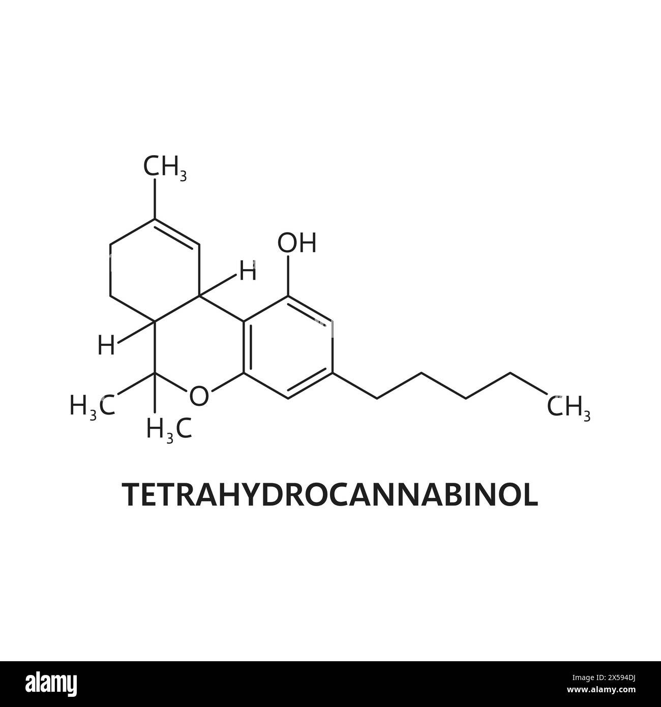 Synthetic drug structure, organic Tetrahydrocannabinol molecule formula. THC substance chemical formula, illegal narcotic biomolecule compound or synthetic drug vector atomic composition Stock Vector